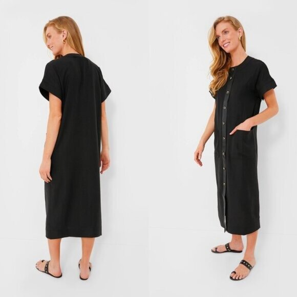 Tuckernuck NEW Black Leather Trim Kara Short Sleeve Midi Shirt Dress Size Small - Picture 2 of 10